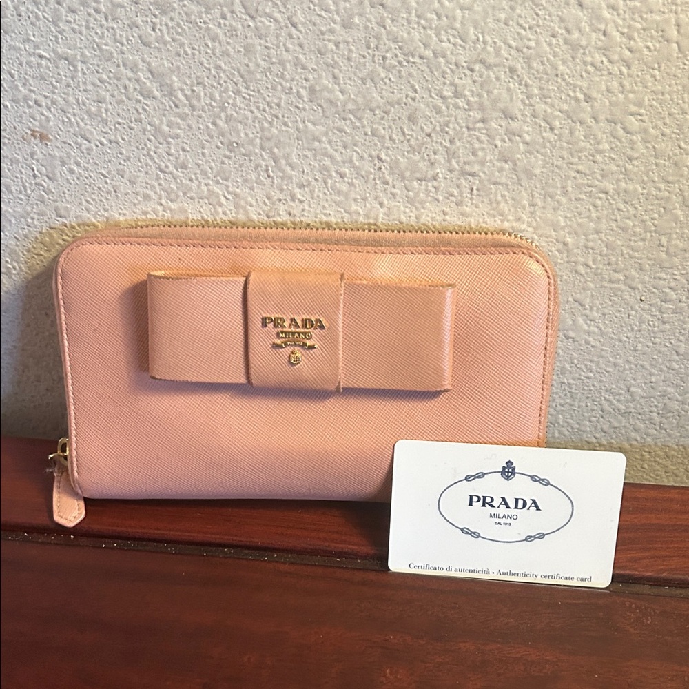 Prada Pink Saffiano Leather Bow Zip Wallet - Picture 2 of 11
